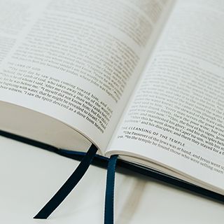 Open Catholic bible laid flat on table with two satin ribbons featuring text from the Ave Catholic Notetaking Bible